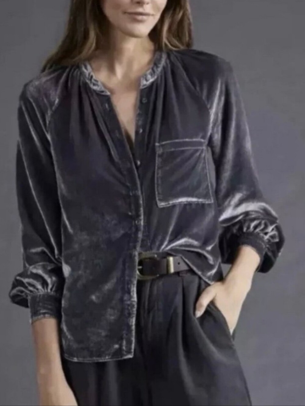 Pilcro Velvet Button-Front Blouse in Slate Grey